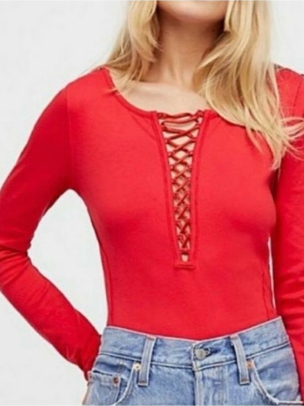 Free People Jacqui Red Lace Up Fitted Top, M
